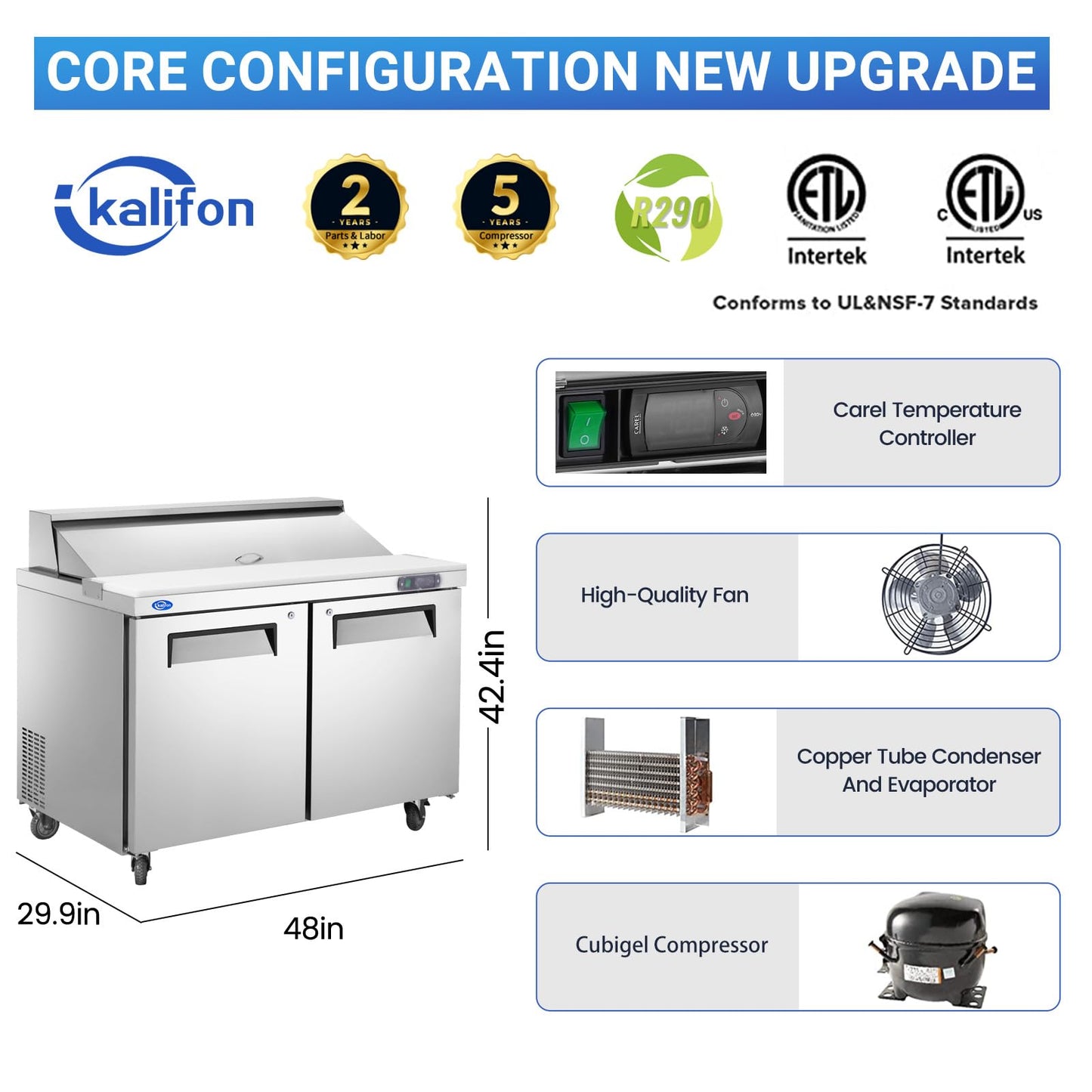 kalifon 48" W 2 Door Refrigerator Sandwich Salad Prep Table Commercial Stainless Steel Fan Cooling Refrigerator with Cutting Board, 2 Shelves & 12 Pans for Restaurant, Bar, Shop-12.9 Cu.ft