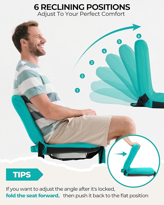Sportneer Stadium Seats with Back Support: 6 Reclining Position Folding Bleacher Chairs with Back and Cushion - Padded Bleacher Seats with Shoulder Strap & Storage pocket for Events, Outdoors, Camping