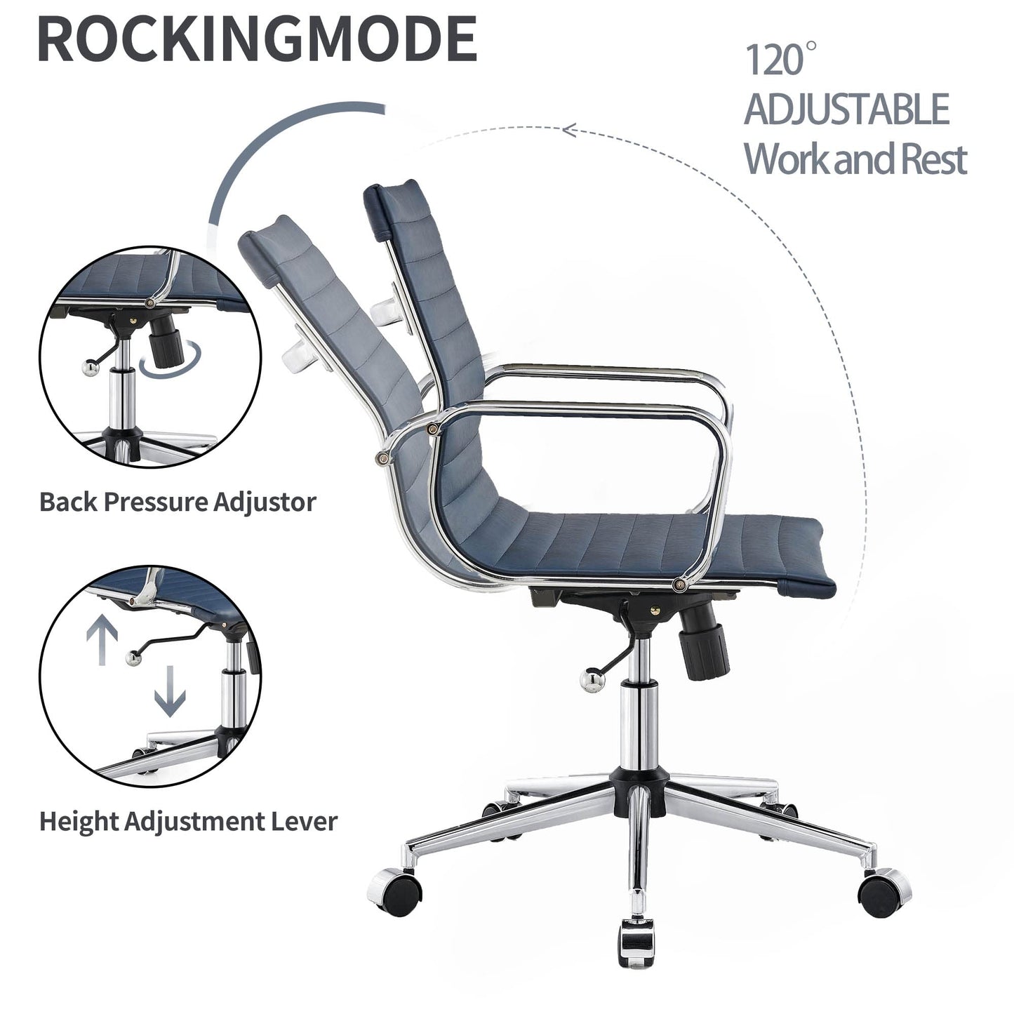 Office Desk Chair,Modern Conference Room Task Chairs,Leather Computer Swivel Excutive Ribbed Ergonomic Rolling Chair for Home Office Desk Chair （Navy）