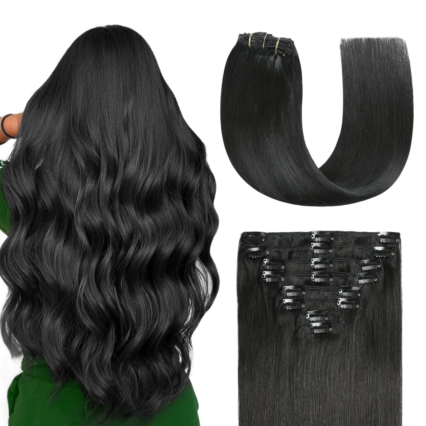 Sunya Real Human Hair Clip in Extensions - Jet Black, Double Weft, Straight, 20 Inch #1 - 8 Pcs/120g
