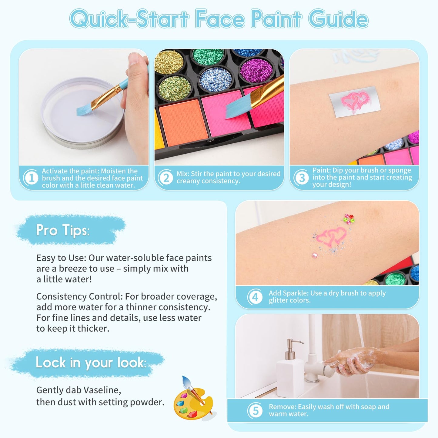 Pintada 42 Color Face Painting Kit for Kids +30g Black and White Face Paint - Non Toxic Water Based Face Paint Palette With Stencils, Brush, Gems. For Carnival, Halloween, Costume Makeup