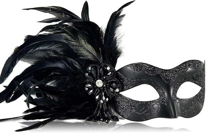 MYSEUNI 2025 New Black Masquerade Masks for Women with Feathers - Womens Mascarade Venetian Mask for Masquerade Party, Mar...