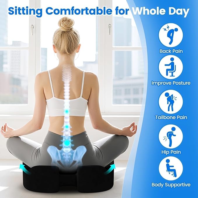 SofterCharm Seat Cushion, Memory Foam Chair Cushions for Tailbone/Sciatica Easing, Chair Pillow with Handles for Car, Office Chair Cushion with Non-Slip Design, Ideal for Post-Surgery Recovery(Black)
