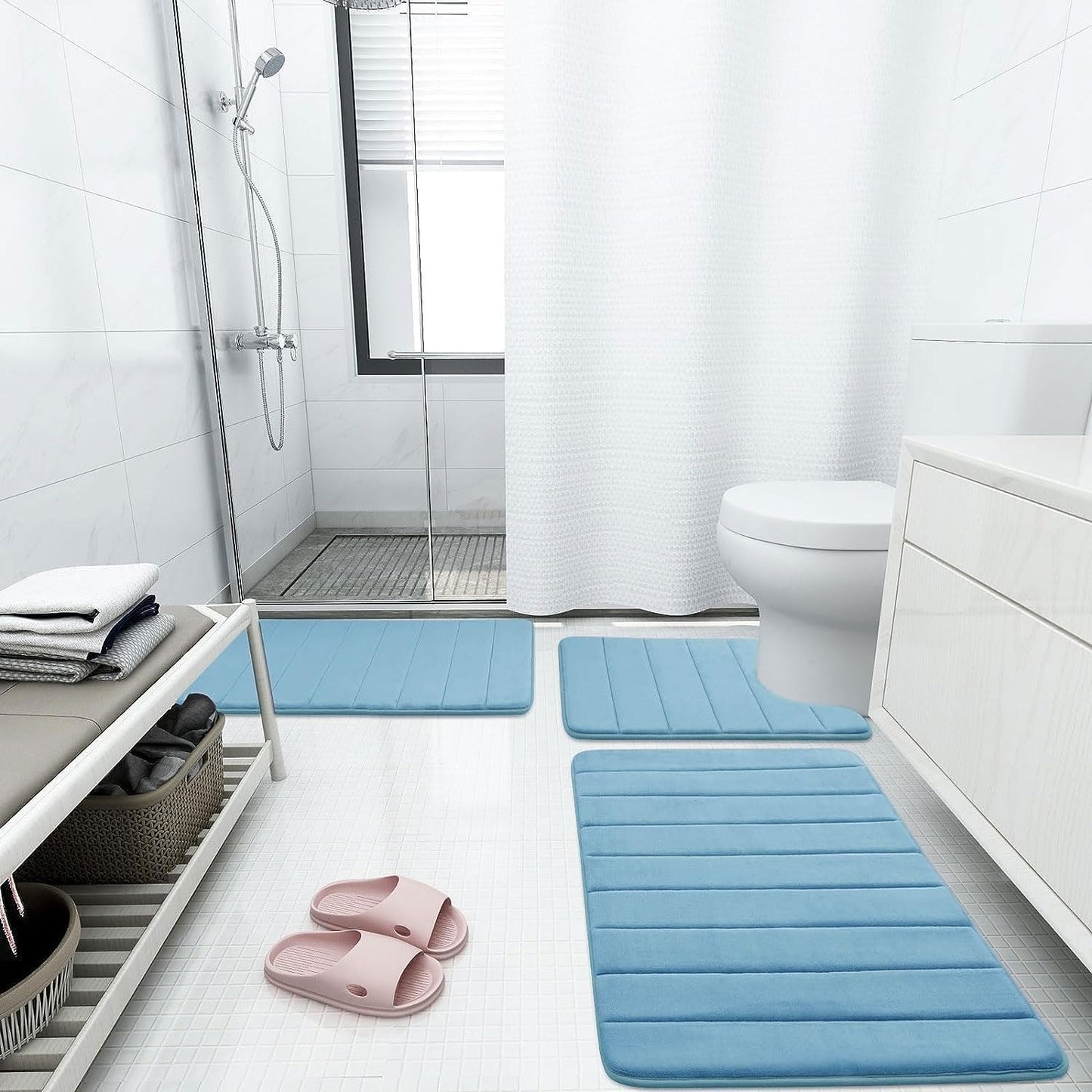 Buganda Memory Foam Bath Mat, 44" x 24", Ultra Soft and Non-Slip Bathroom Rugs, Water Absorbent and Machine Washable Bath Rug Runner for Bathroom, Shower, and Tub, Blue