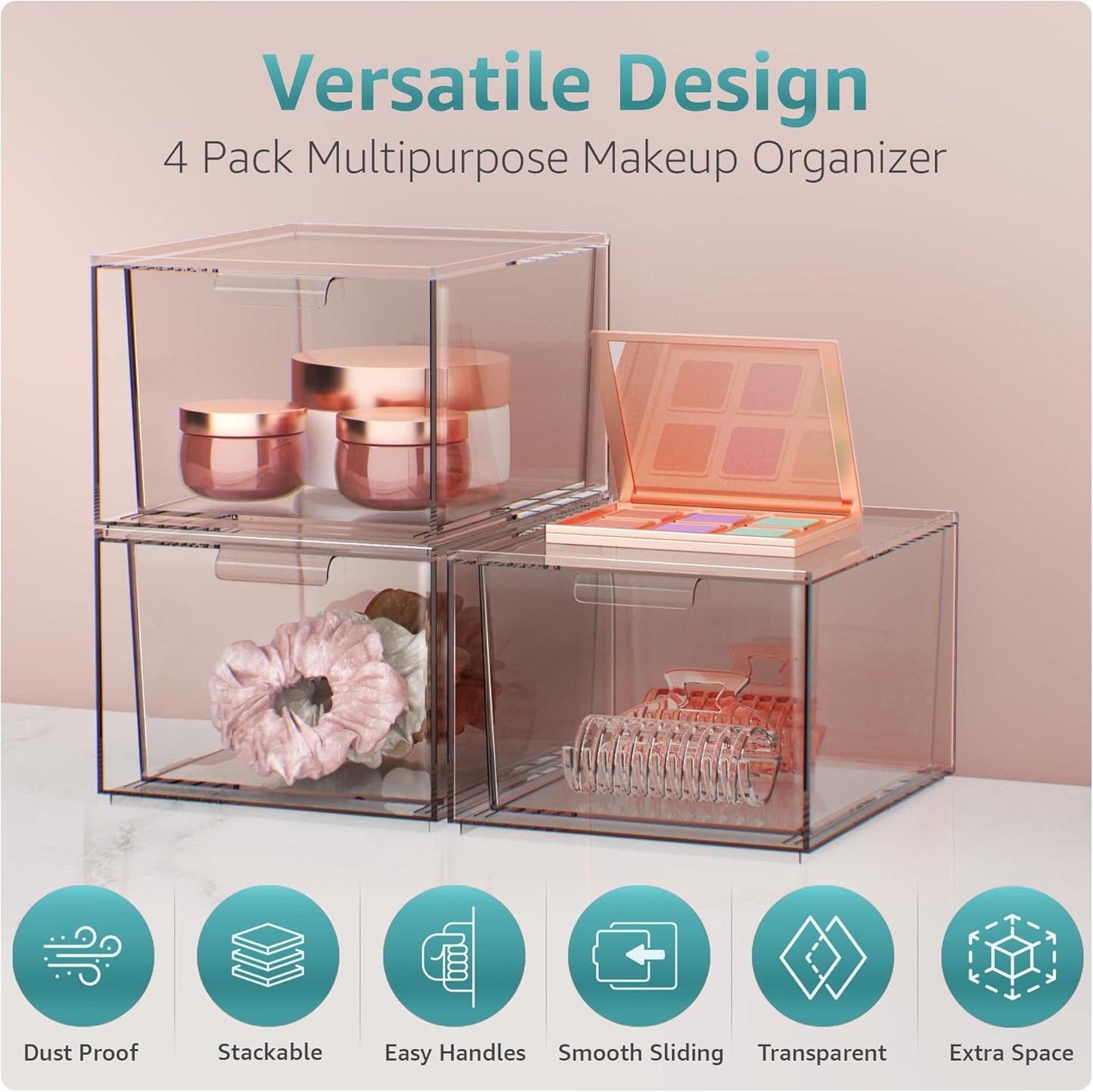 Sorbus Square Clear Stackable Storage Drawers – 4-Pack Plastic Organizer Bins with Handles – Stackable Pull-Out Storage Drawers for Closet, Pantry, Office, Bathroom, Craft, and Toy Organization