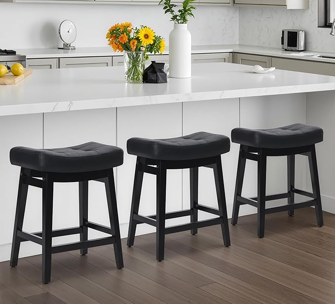 RNKSFX Counter Height Black Bar Stools Set of 3 for Kitchen Counter, Backless Farmhouse Kitchen Island Barstools with Upholstered Faux Leather Saddle Seat and Solid Wood Legs Modern 24 inch Bar Chairs