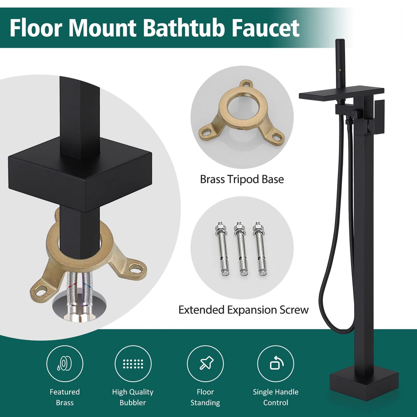 Hoimpro Tub Filler Freestanding Bathtub Faucet Matte Black Floor Mount Tub Faucet Waterfall Free Standing Bathtub Filler High Flow Brass Bath Shower Faucets with Handheld Sprayer