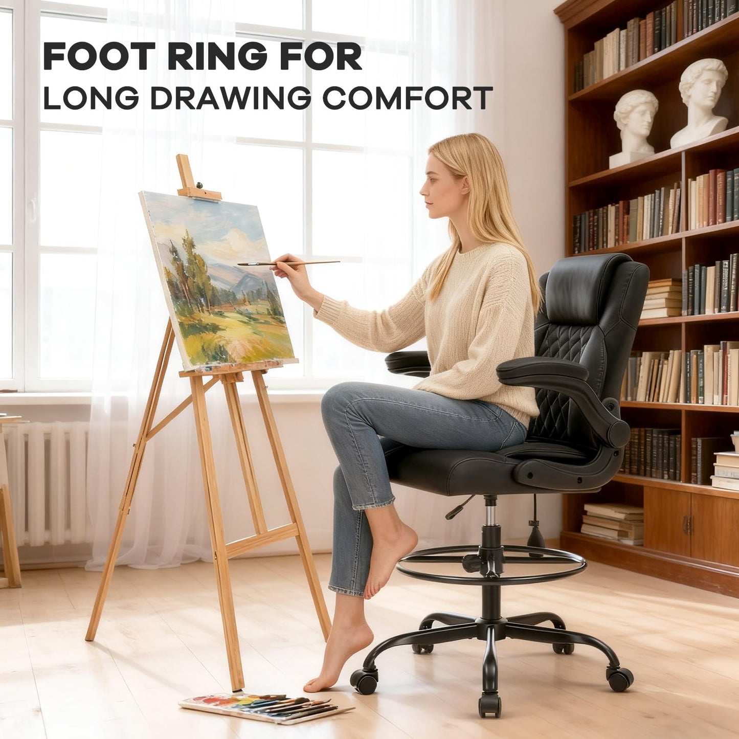 Morkprism Leather Drafting Chair, Tall Office Chair for Standing Desk, High Executive Office Chair with Inflatable Lumbar Support,Adjustable Height,Flip-up Armres and Foot Ring Studio Chair Black