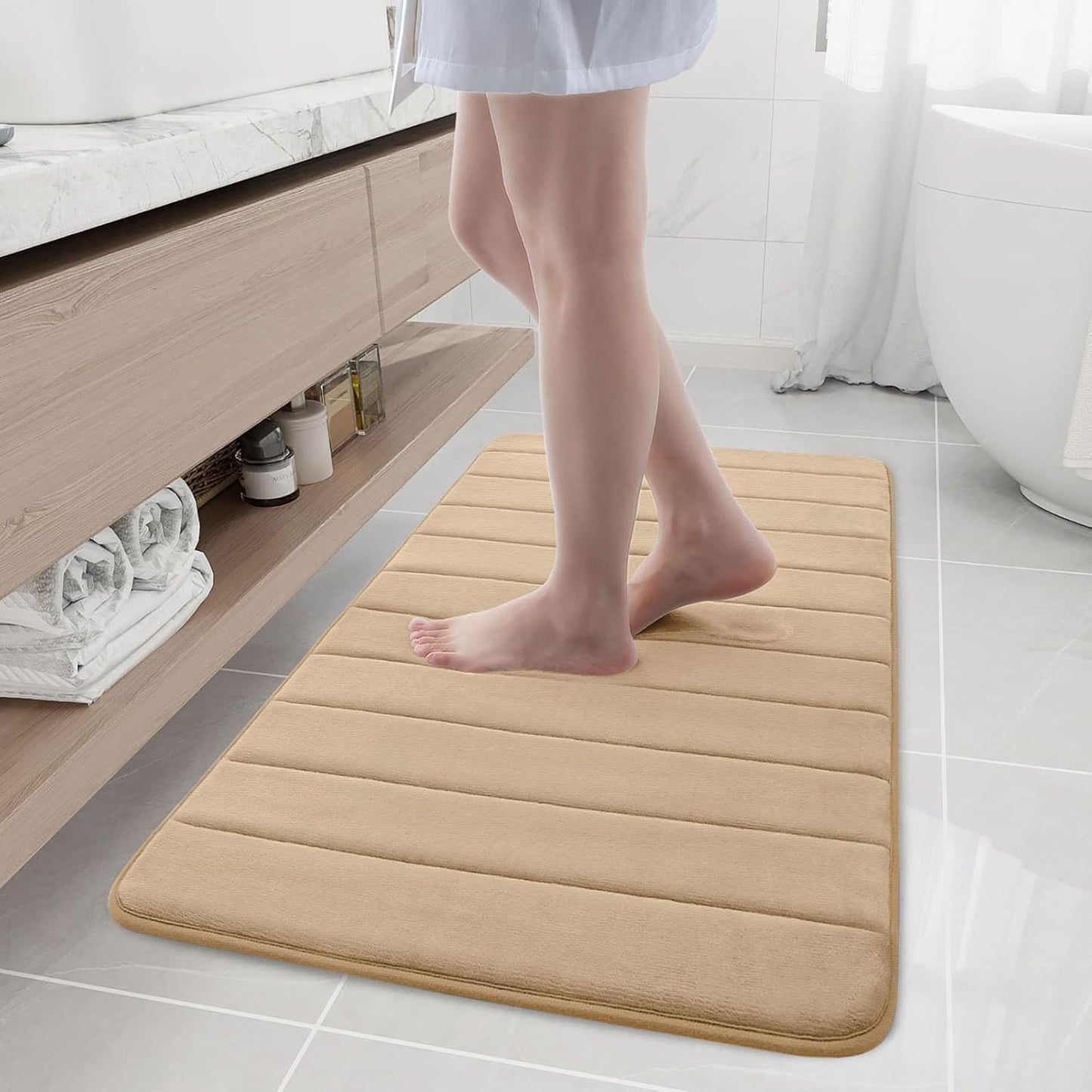 Buganda Memory Foam Bath Mat, 44" x 24", Ultra Soft and Non-Slip Bathroom Rugs, Water Absorbent and Machine Washable Bath Rug Runner for Bathroom, Shower, and Tub, Camel