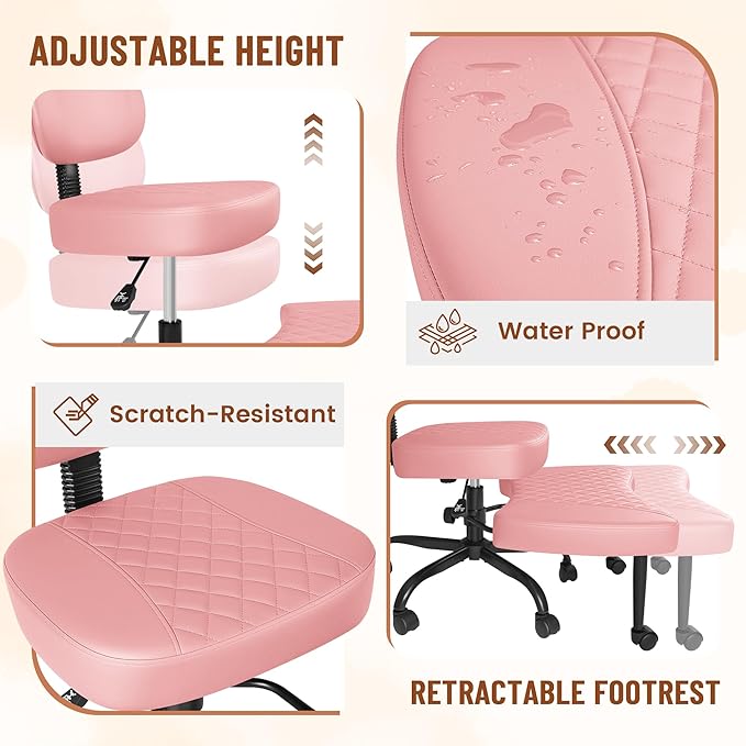 Homall Ergonomic Cross Legged Office Desk Chair with Wheels, 360° Swivel and Adjustable Height for Meditation and ADHD,Criss Cross Kneeling Chair with Lumbar Support (Leather, Pink)