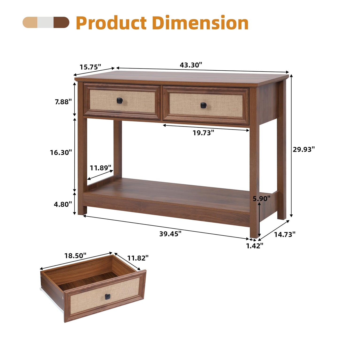 Boho Console Table with Burlap Rattan Drawers, 2 Tier Modern Narrow Entryway Table Foyer Table with Open Storage Shelves, Hallway Accent Table Behind Couch Table for Living Room, Walnut