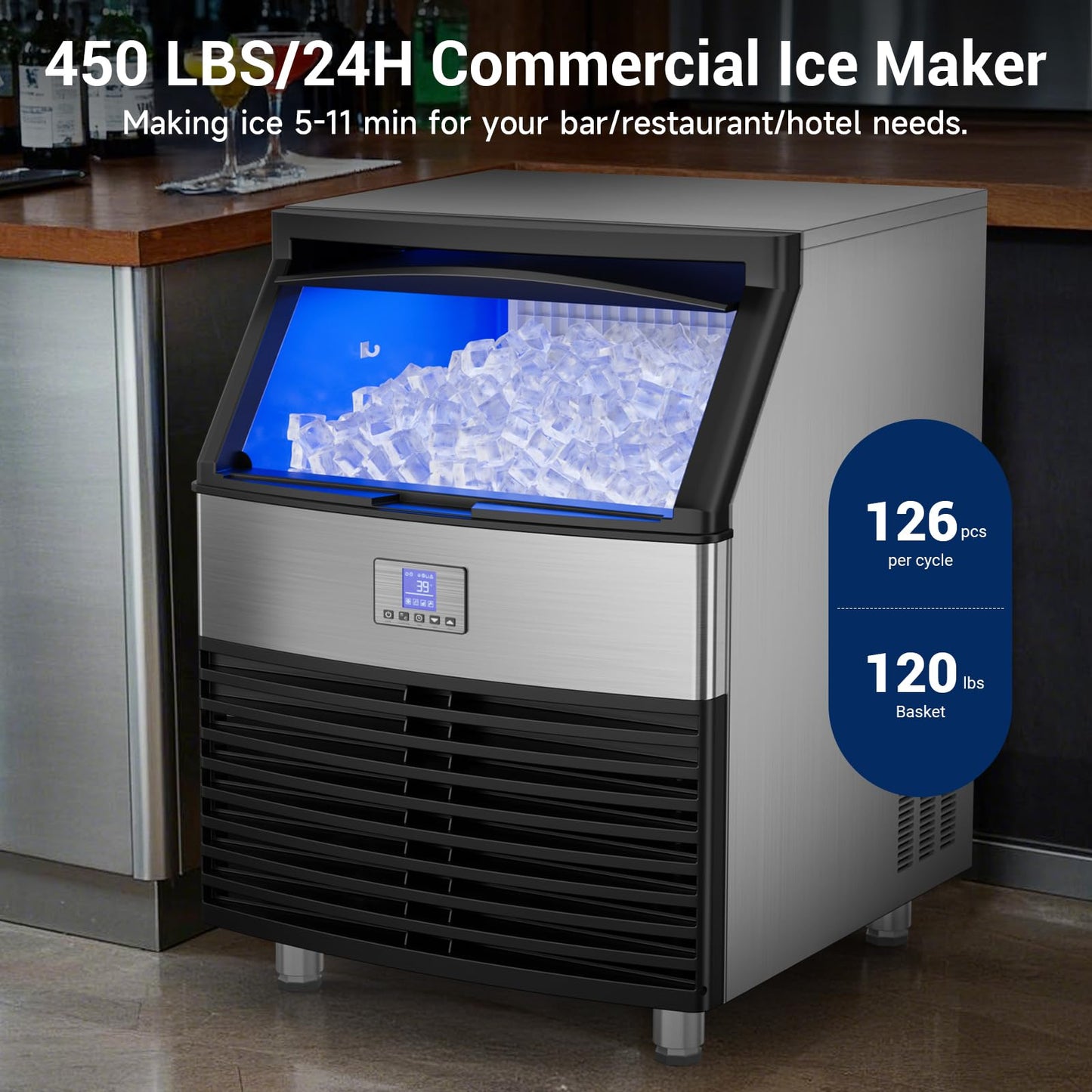 Commercial Ice Machine, 450LBS/24H Ice Maker with 120 LBS Storage, Ice Ready in 8-15 min, Under Counter Ice Machine, Commercial Ice Machine Maker for Restaurant/Bar/Cafe/Business