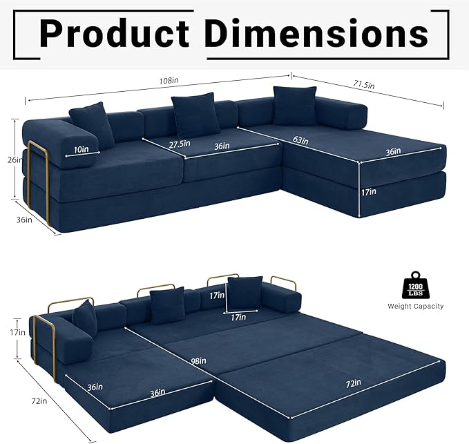 108" Oversized Convertible Sleeper Sofa Bed, Corduroy L Shape Sectional Couch, Folding Sofa Bed with Fixed-Shape Frame, Modern Cloud Floor Mattress Couch, Modular Sofa for Living Room, Blue