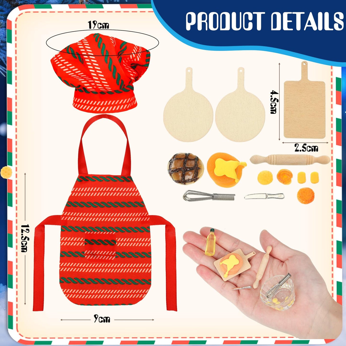 Kajaia 30 Pcs Christmas Accessories Mini Doll Baker Outfit Set Include Baking Apron and Hat Miniature Rolling Pin Flour Egg Bowl Cookie Tray Whisk, Doll is Not Included