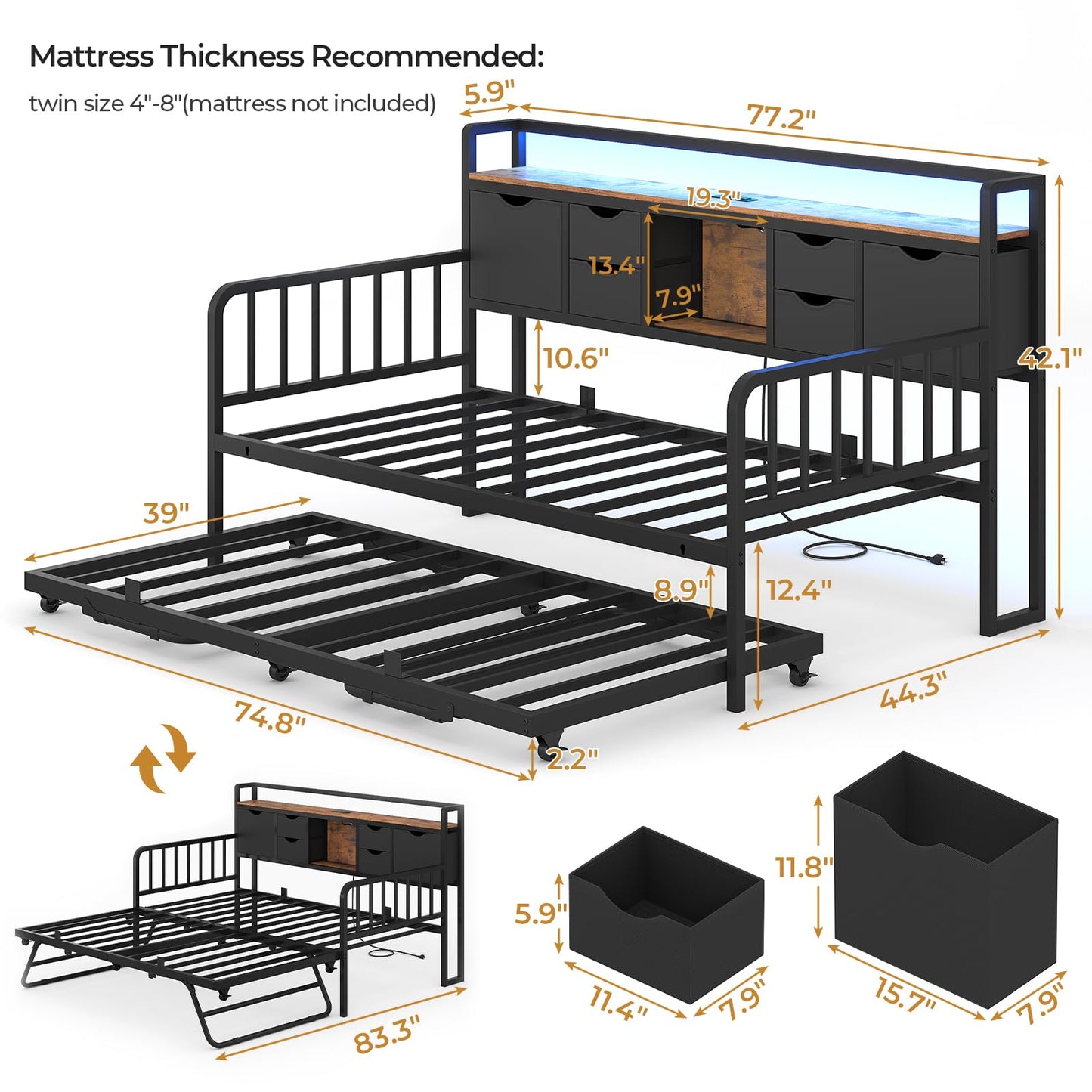 ADORNEVE Daybed with Trundle, Twin Day Bed with Storage Headboard & Charging Station, Height Adjustable Metal Trundle Bed Twin, Sofa Bed Frame for Living Room, Bedroom and Guest Room, Black