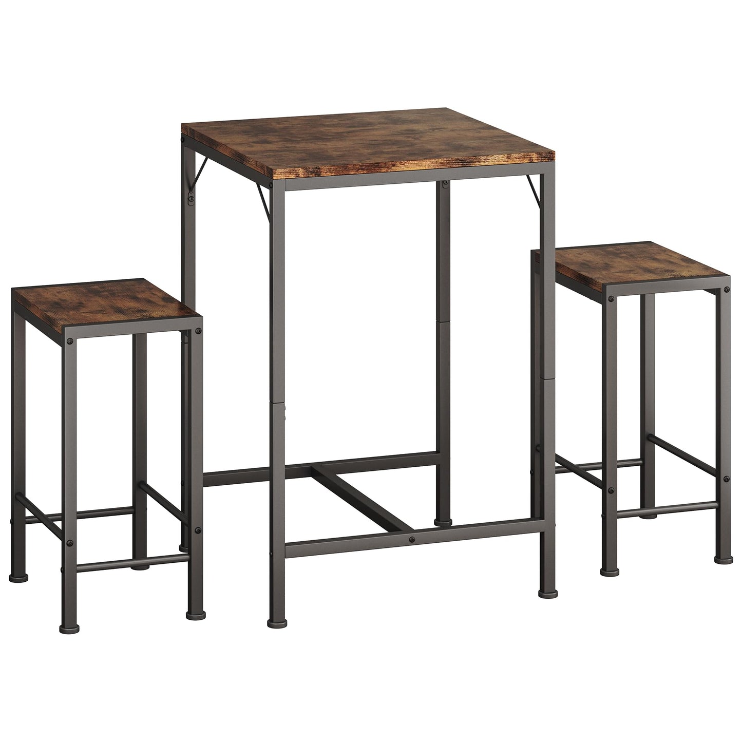 Homeiju Bar Table and Chairs Set, Square Bar Table with 2 Stools, Space-Saving Dining Pub Set for 2, Perfect for Kitchen, Breakfast Nook, Living Room & Small Spaces, Rustic Brown