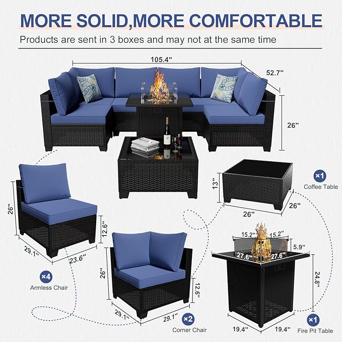 Ophelian 8 Piece Patio Furniture Set with Fire Pit Table, Wicker Outdoor Sectional Sofa, Patio Conversation Set for Backyard, Garden, Deck (Coffee/Blue)