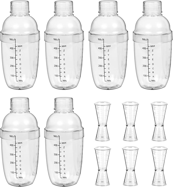Voittozege 12 Pcs Plastic Cocktail Shaker Set, 6 Pcs 17 oz Cocktail Shaker and 6 Pcs Measuring Jigger Set Clear Wine Shake...