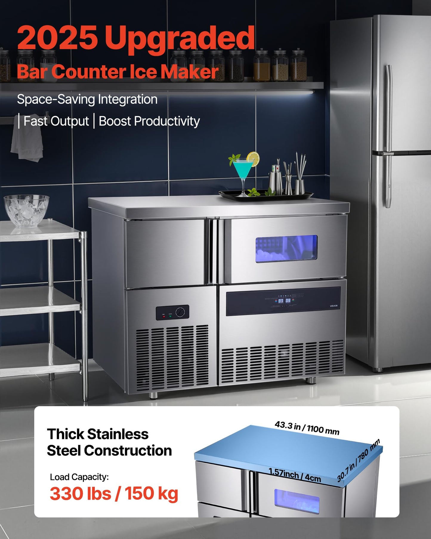 VEVOR Commercial Ice Maker Machine, 330 lbs/24H Stainless Steel Ice Machine with Worktop, 88 lbs Storage & 144 Cubes/Cycle, Self-Cleaning Freestanding Ice-Making for Home Bar Office Restaurant Kitchen