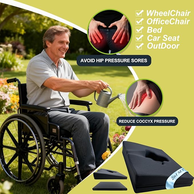 Rivquvi Gel Wheelchair Seat Cushion,Bed Sore Cushions for Butt,Office Chair Pressure Sore cushion,Memory Foam Pillow for bed,Pressure Ulcer Pain Relief,Relieve Sciatica,Coccyx,Washable Cover/Set Black