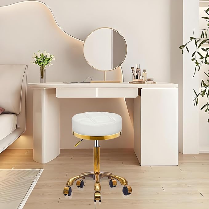 Gold Rolling Vanity Stool with Wheels, Padded Seat, Adjustable Round Rolling Chair, Office Work Stool, Pedicure Salon Spa Massage Esthetician Chair For Hair Salons, Spas, Tattoo (white, Without Back)
