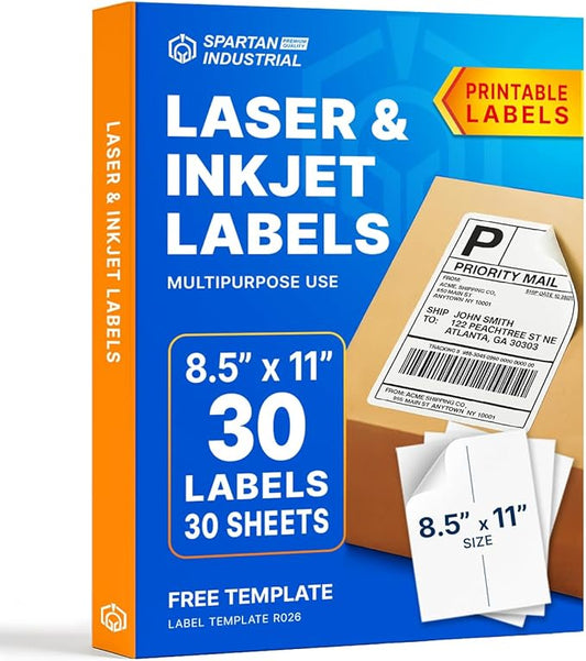 8.5" X 11" Full-Sheet Printable Labels for Inkjet and Laser Printers - 30 Sheets, 30 Custom Stickers for Shipping Labels, Mailing, Personalized Stickers for Crafts - Spartan Industrial Template R026