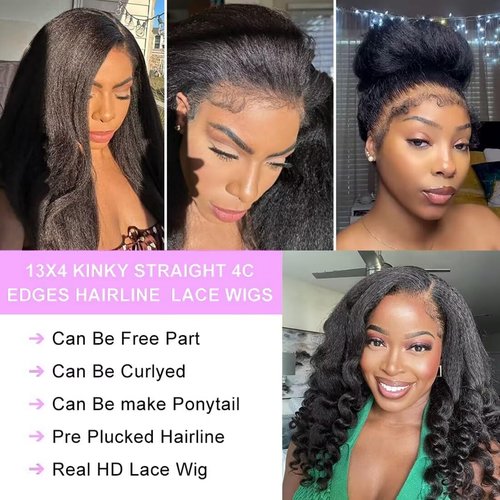13X4 Lace Front Wig With Curly Edges Hairline 180% Density Kinky Straight Human Hair Wigs for Black Women Yaki Straight HD Lace Wig with Curly Baby Hair Glueless Wigs for Women Natural Black 18 Inch