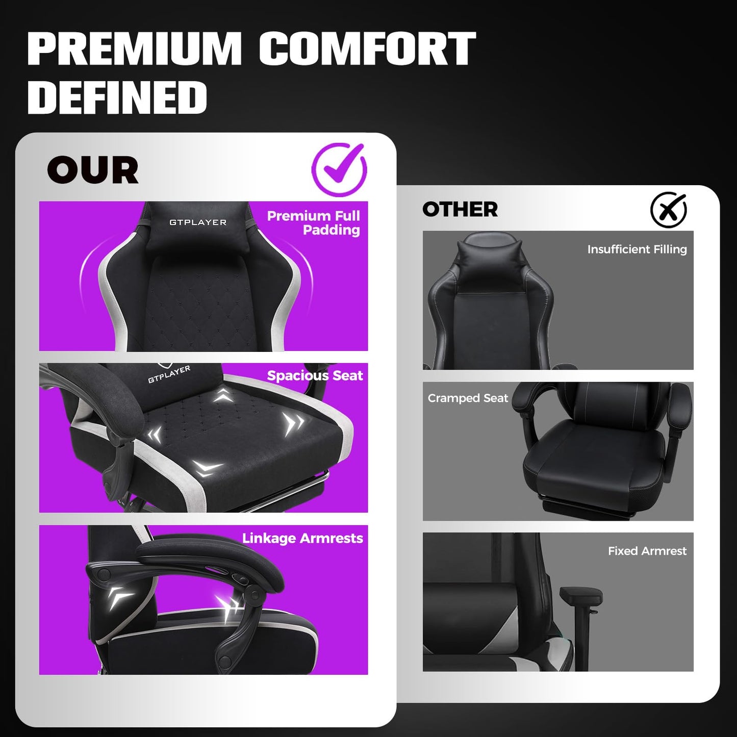 GTPLAYER Gaming Chair, Ergonomic Computer Chair with Footrest and Lumbar Support, High Back Recliner Chair 350lbs, Height Adjustable for Home Office, Black