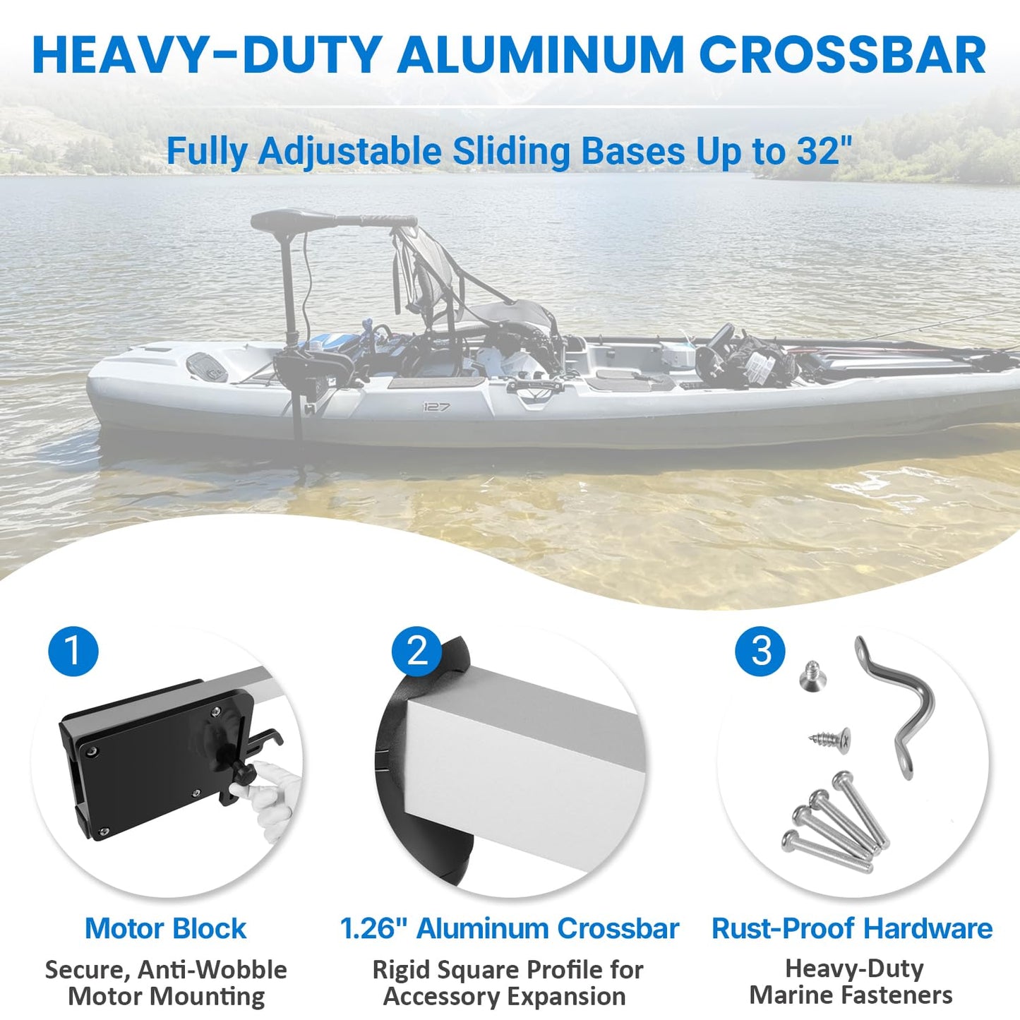 Universal Kayak Trolling Motor Mount Kit, 46.6 Inch Adjustable Heavy Duty Aluminum Crossbar Bracket, Transom Clamp On Electric Motor Mount for Minn Kota MotorGuide Newport up to 60 lbs Thrust