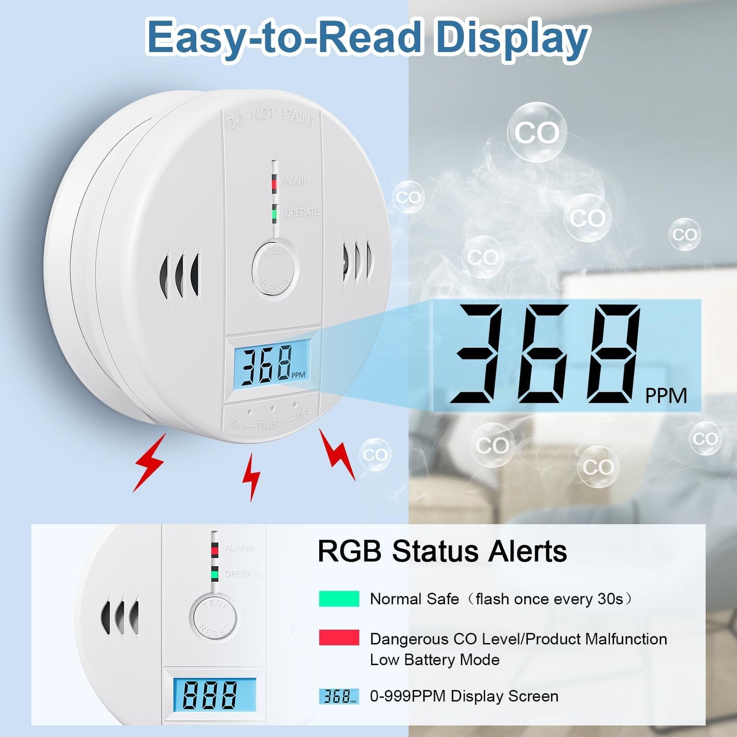 3 Pcs Carbon Monoxide Detectors, CO Detector, Carbon Monoxide Alarm Battery Powered with LCD Display, CO Alarm Carbon Monoxide Detector for Home (Batteries Included)