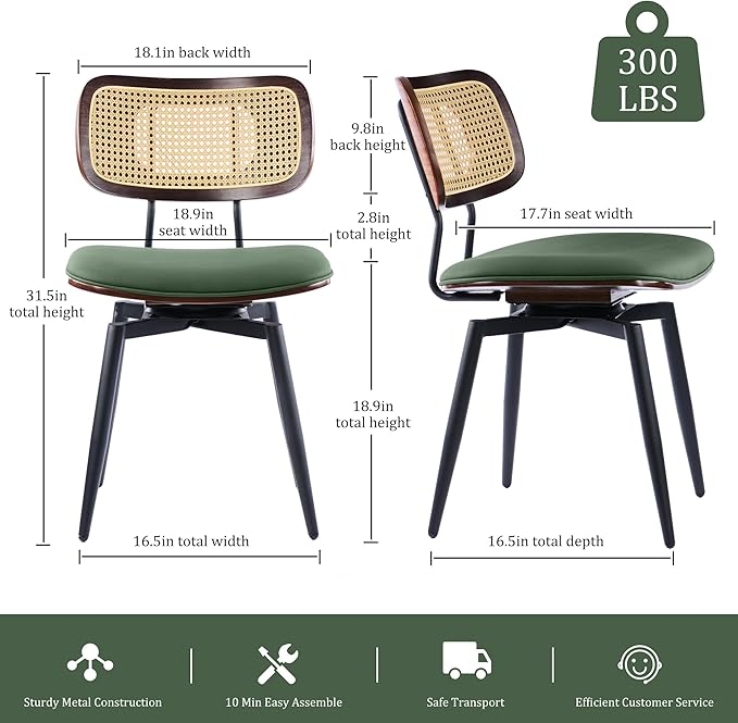 Quenvo Dining Chairs with Rattan Back, Modern Green Leather Dining Chairs Set of 4, Swivel Dining Room Chairs Kitchen Side Chairs with Metal Legs and Upholstered Seat for Kitchen & Living Room