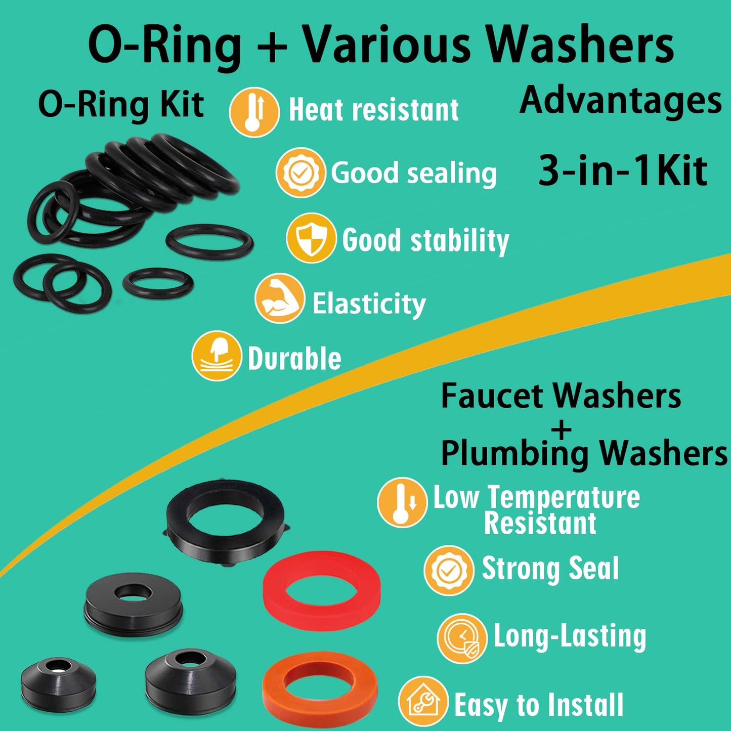 XBVV 37 Size 1075 Pcs Faucet Washers & O-Rings Kit & Plumbing Gasket 3-in-1 Home Universal Rubber Washers Assortment Kit for Faucet Hose Spigot Plumbing Seal Repair with Pick Hook