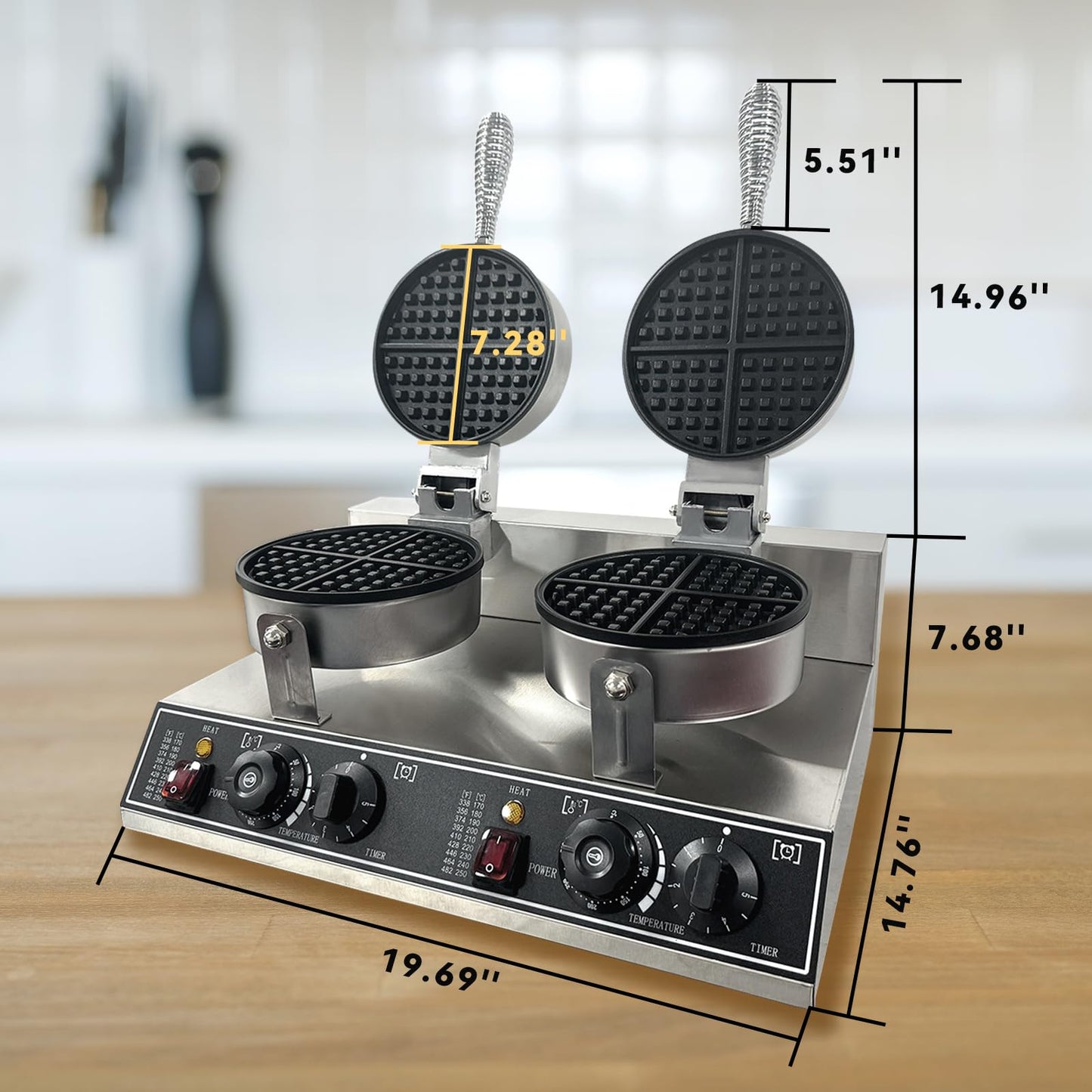 Double Head Commercial Waffle Maker, 2400W Stainless Steel Nonstick Waffle Iron with 122℉ to 572℉ Temp Range & Time Control, Perfect for Home Cafe Restaurant Snack Bar Bakeries