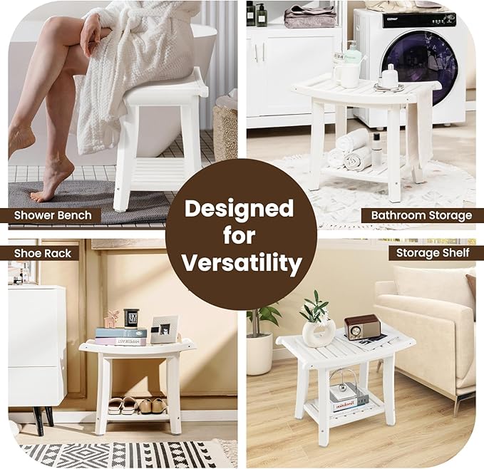 GOFLAME 2-Tier Shower Bench, Spa Bath Shower Stool with Curved Seat, 2 Easy-to-Grip Handles, Storage Shelf & Non-Slip Foot Pads, Waterproof Shower Chair for Bathroom, Living Room, Entryway, White