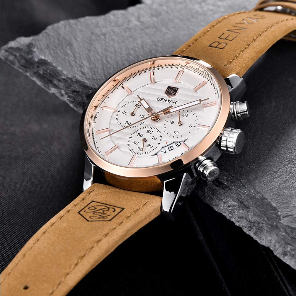 BENYAR Quartz Chronograph Waterproof Watches Business and Sport Design Leather Band Strap Wrist Watch for Men (Brown Gold White)