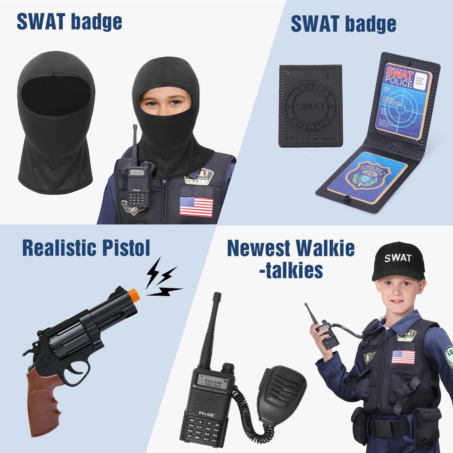 Latocos 15 PCS SWAT Police Officer Costume for Kids with Vest Accessories Cop Dress Up Role Play Set for Halloween Cosplay