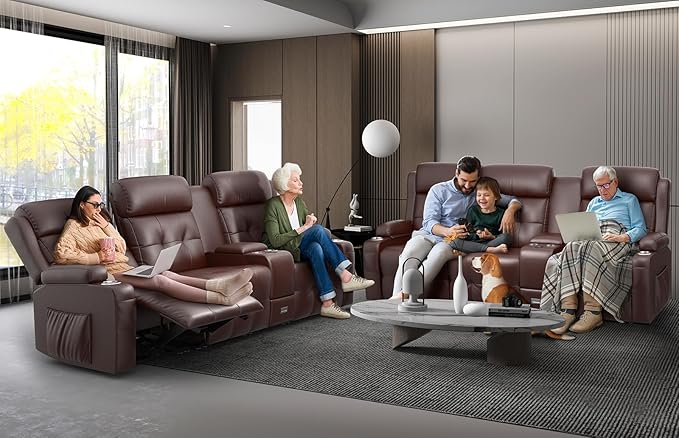 Recliner Sofa, 3 Sets of Massage Reclining 3 Seater Sofa Sets Heavy Weight Capacity, RV Loveseat Couch Clearance with Console, USB, Type C Port, Storage, Cup Holders, Wall Hugger Chair for Living Room