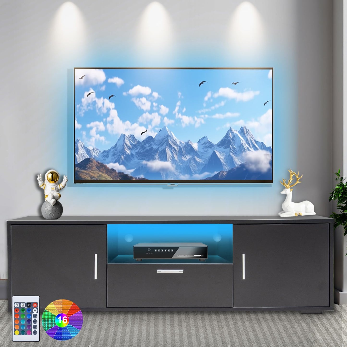 amadecohome 55 Inch TV LED TV Stand, Morden TV Console Table Entertainment Center, Gaming TV Cabinet for Living Room Bedroom Office Home Apartment Furniture (Black TV Stand with 4 Storage)
