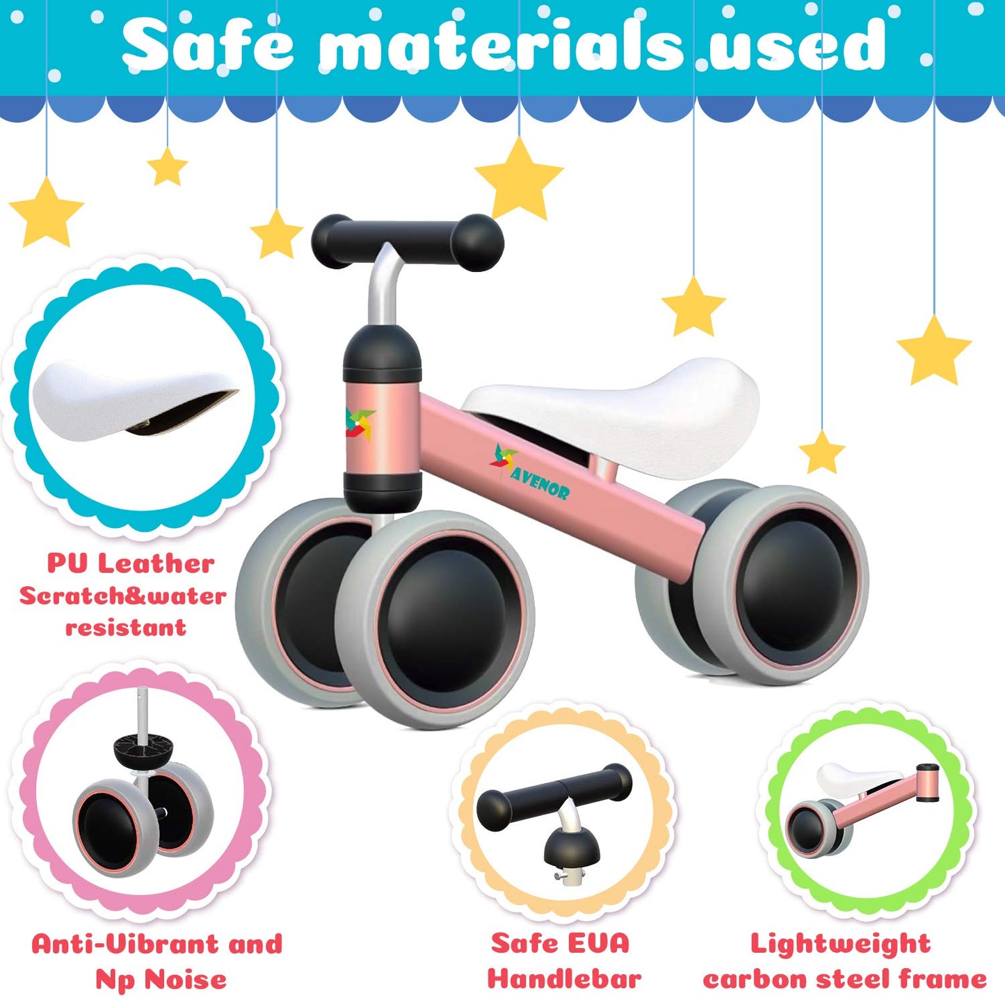 Avenor Baby Balance Bike for 1 Year Old Girl Gifts 10-24 Month Toddler Balance Bike First Birthday Gift No Pedal Infant 4 Wheels Bicycle