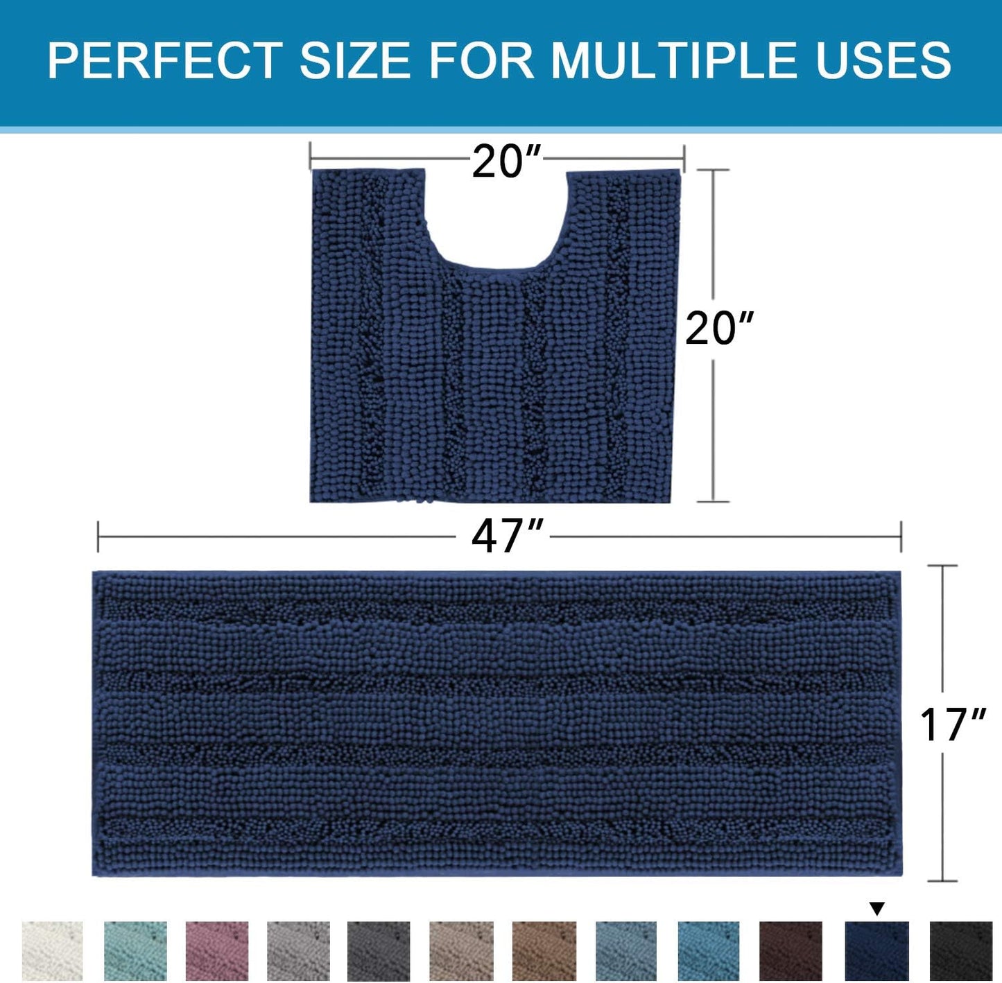 H.VERSAILTEX Bathroom Rugs Bath Rug Set 2 Piece Bathroom Contour Rug Toilet Mat Sets Non Slip Contour Bath Rug Ultra Thick Water Absorbent Striped Bath Mats Washable(47" x 17" Plus 20" x 20" U, Navy)