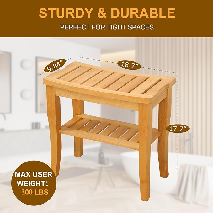VVW 19 Inch 2-Tier Bamboo Shower Bench Bathroom Bench Seat with Storage Shelf, 2-Tier Wooden Spa Seat Bath Stool for Adults Women Elderly Seniors Wood Shower Chair for Bathtub or Small Spaces(Beige)