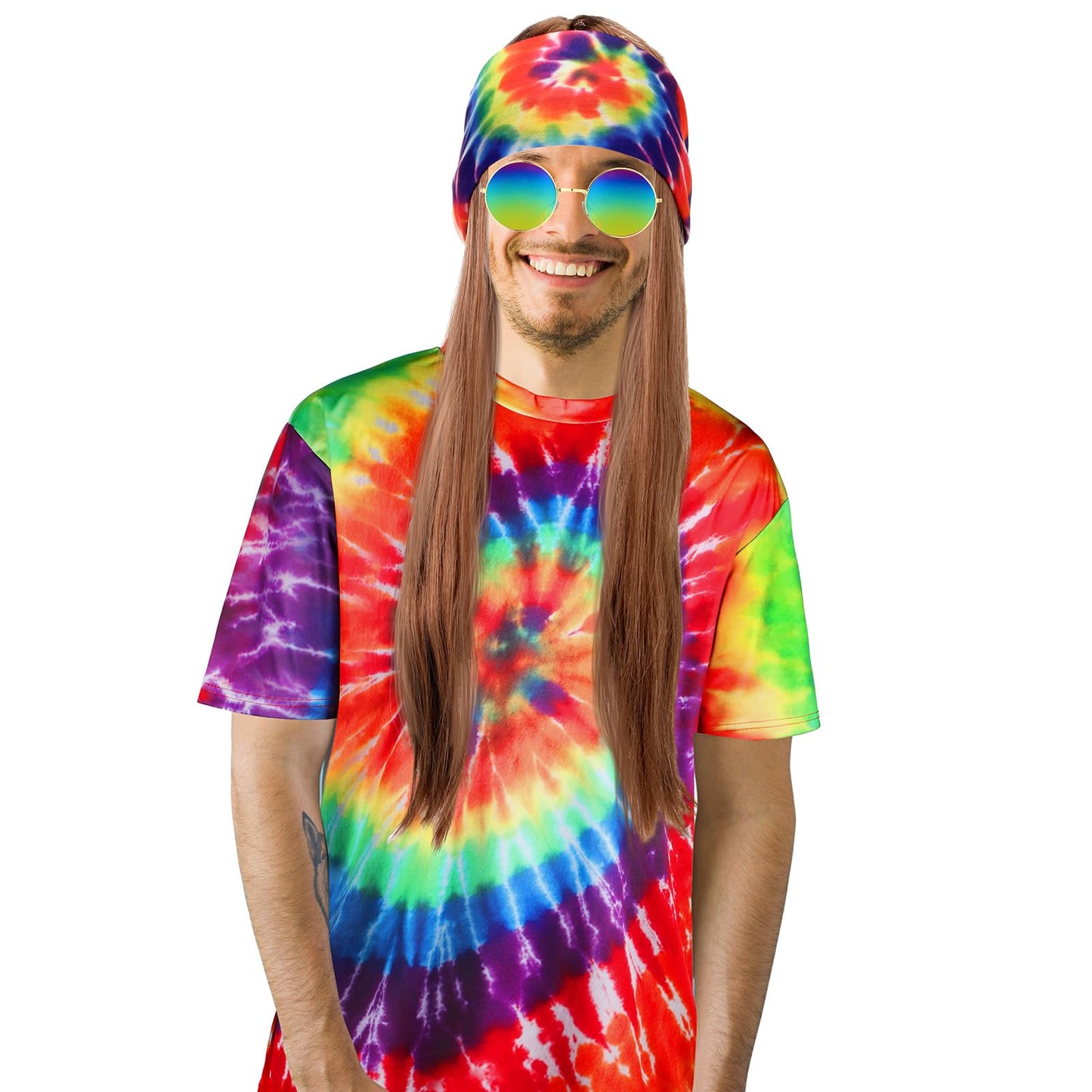 Norme 5 Pieces Mardi Carnival Hippie Costume for Men Women 70s Tie Dye T-Shirt Peace Sign Necklace Headband Wig Sunglass(Modern, X-Large)