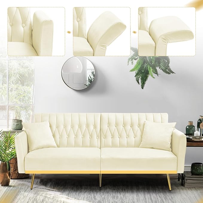 ACMEASE 70” Velvet Futon Sofa Bed with 2 Pillows and Adjustable Armrests, Convertible Sleeper Bed W/Adjustable Backrests, Modern Loveseat for Living Room, Bedroom, Beige