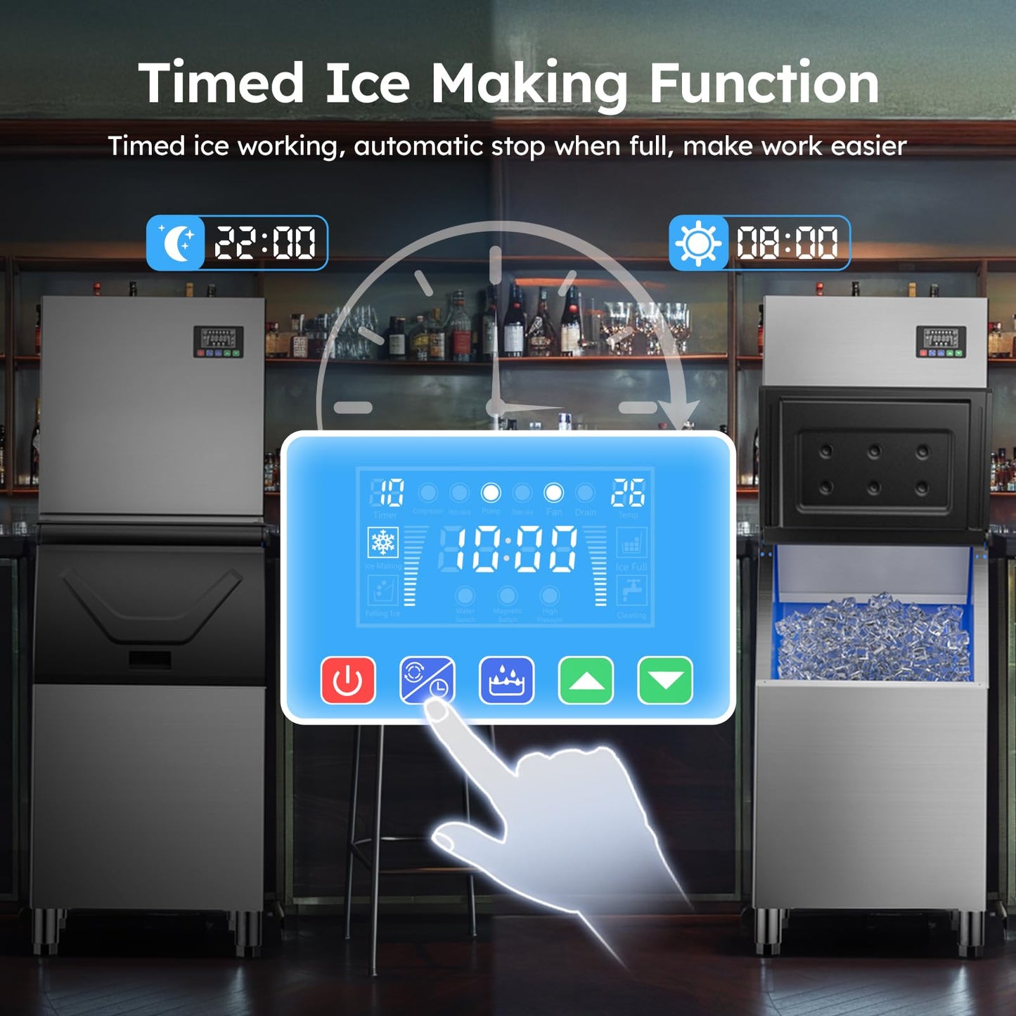Commercial Ice Machine 580 LBS/24H with 400 LBS Storage Bin, Ice Cubes Ready in 5-15 min, Stainless Steel Industrial Ice Maker, Self-Cleaning, Timing Function, Adjustable Ice Thicknesses