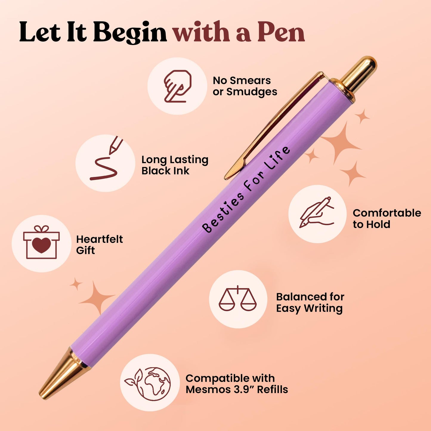 MESMOS 3pc Fancy Pen Set for Women, Gifts for Best Friend Women, Birthday Gifts for Friendship, Long Distance Female Best Friends