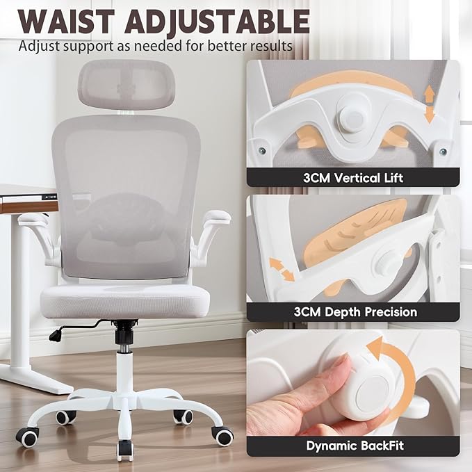Rishtivin Ergonomic Office Chair with 3D Adjustable Lumbar Support, Mesh High Back, 75° Rotating Headrest, Rocking Function, 300lbs Capacity, Black/White (White)