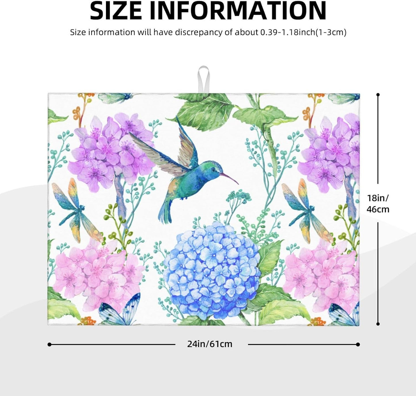 Dish Drying Mat Spring Hummingbird Flower Hydrangea for Kitchen Counter Absorbent Dishes Drainer Microfiber Large 18x24 Inch