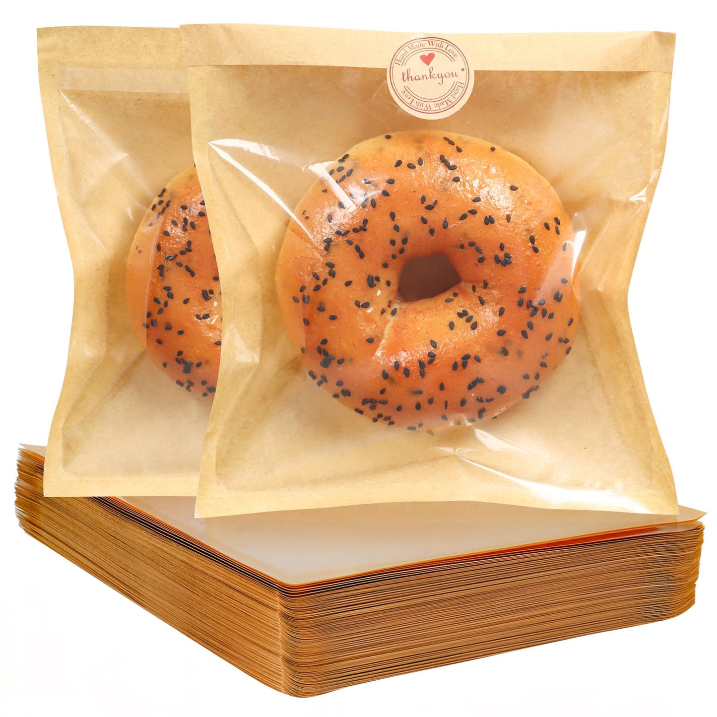 SUREHOME Paper Sandwich Bags 100 Pcs 7.1 X 7.5 In Kraft Brown Paper Bags with Window Individual Heat Seal Bakery Bag with Sticker Cookie Bag for Party Favors Snacks Treats Bread Baked Goods Packaging