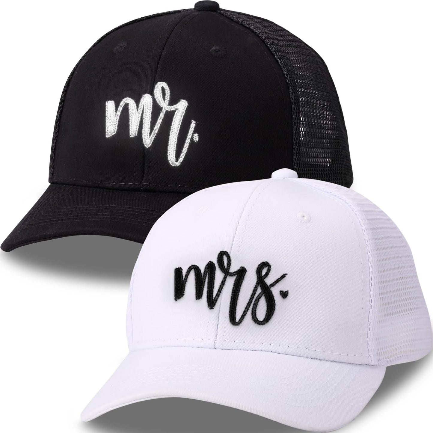 Mr and Mrs Hats for Newlywed Couple -Embroidered Breathable mesh Hats for Women Men, Unique Gift for Wedding, Engagement, Honeymoon White