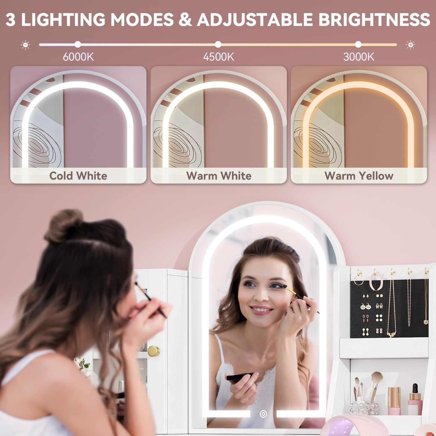 DWVO Makeup Vanity with Mirror and Lights, Makeup Vanity with Charging Station, Jewelry Storage Cabinet, Open Shelves